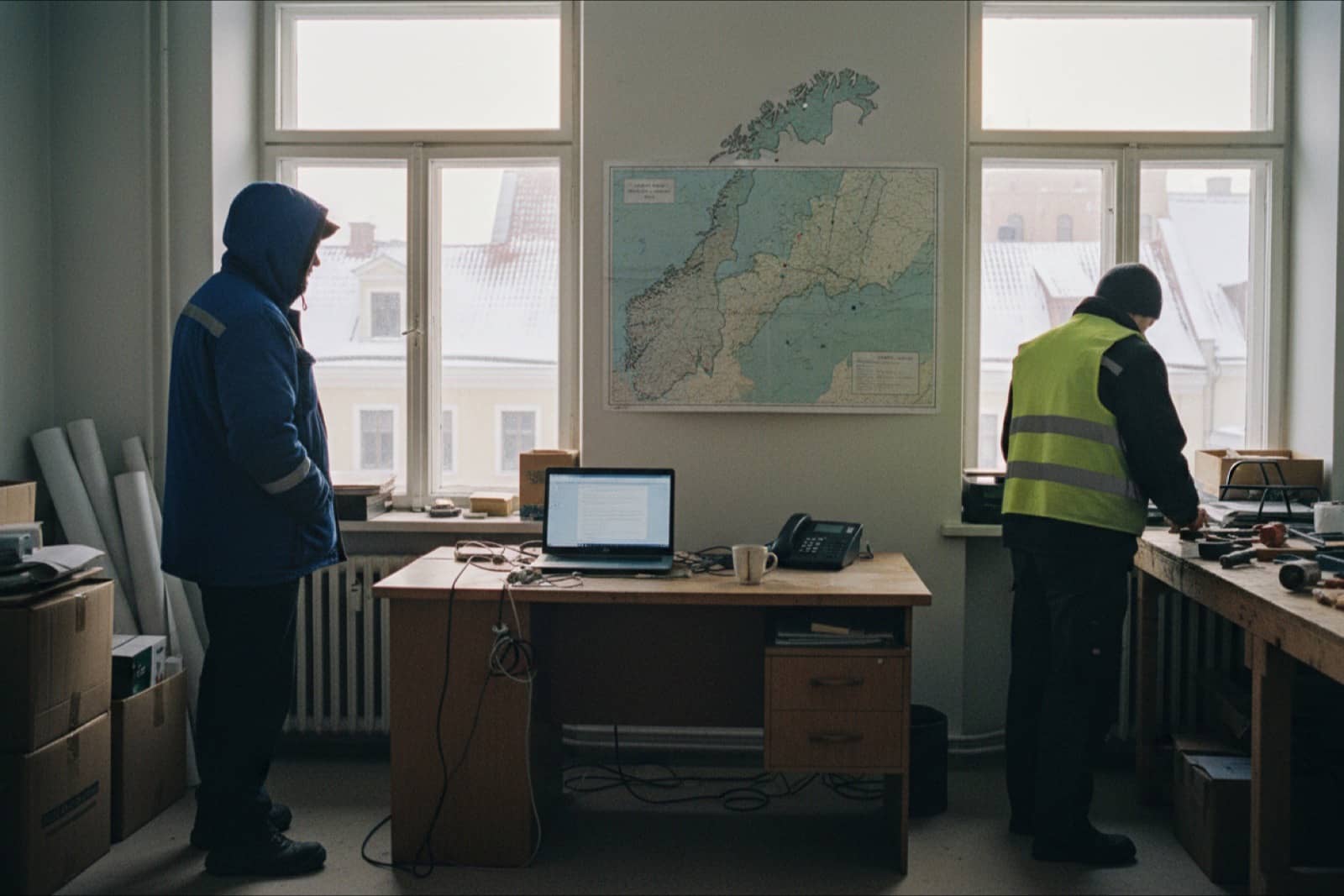 Small office in Riga with a map of Norway on the wall