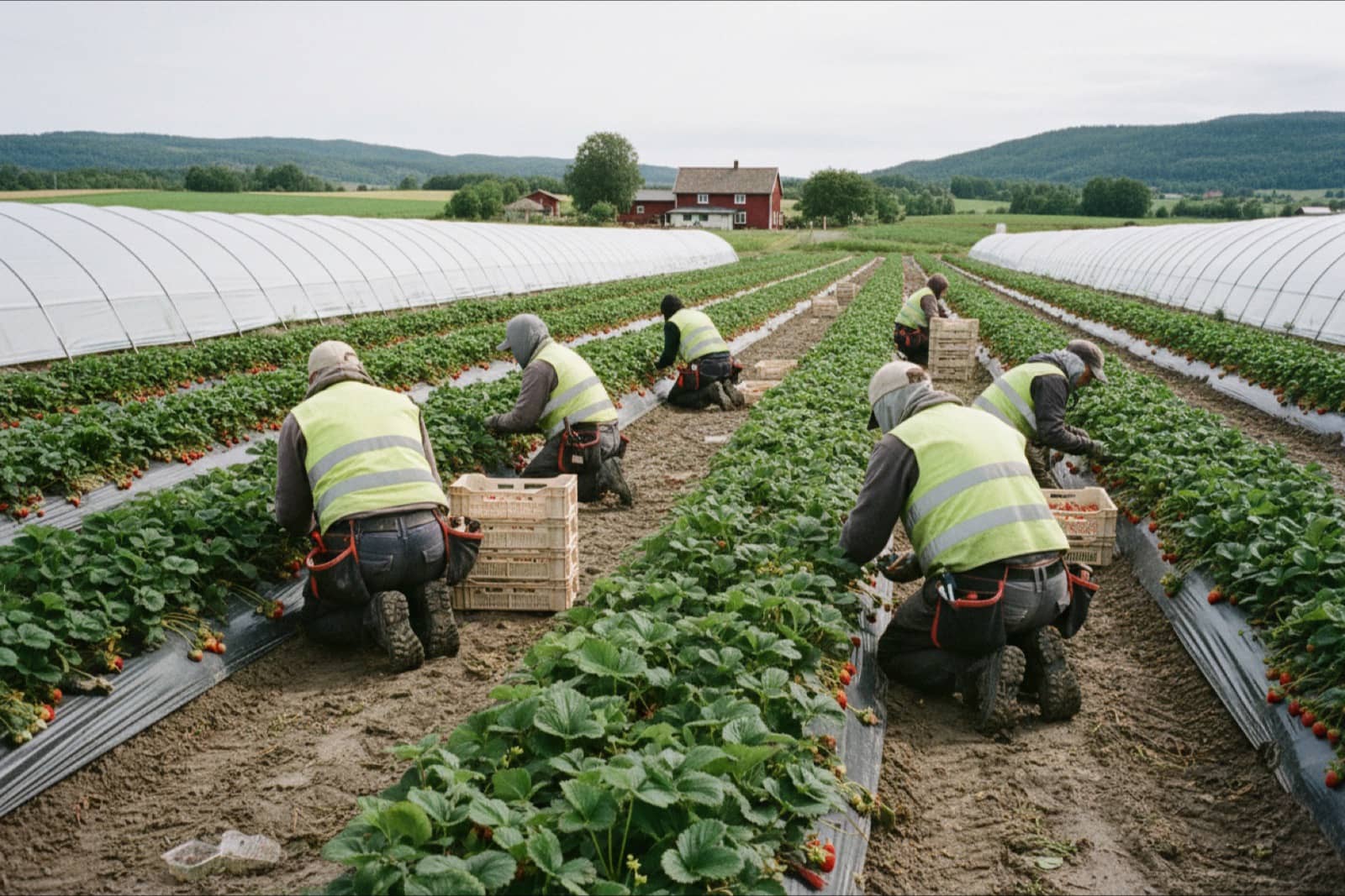 Seasonal workers picking strawberries in a field in Rogaland, Norway