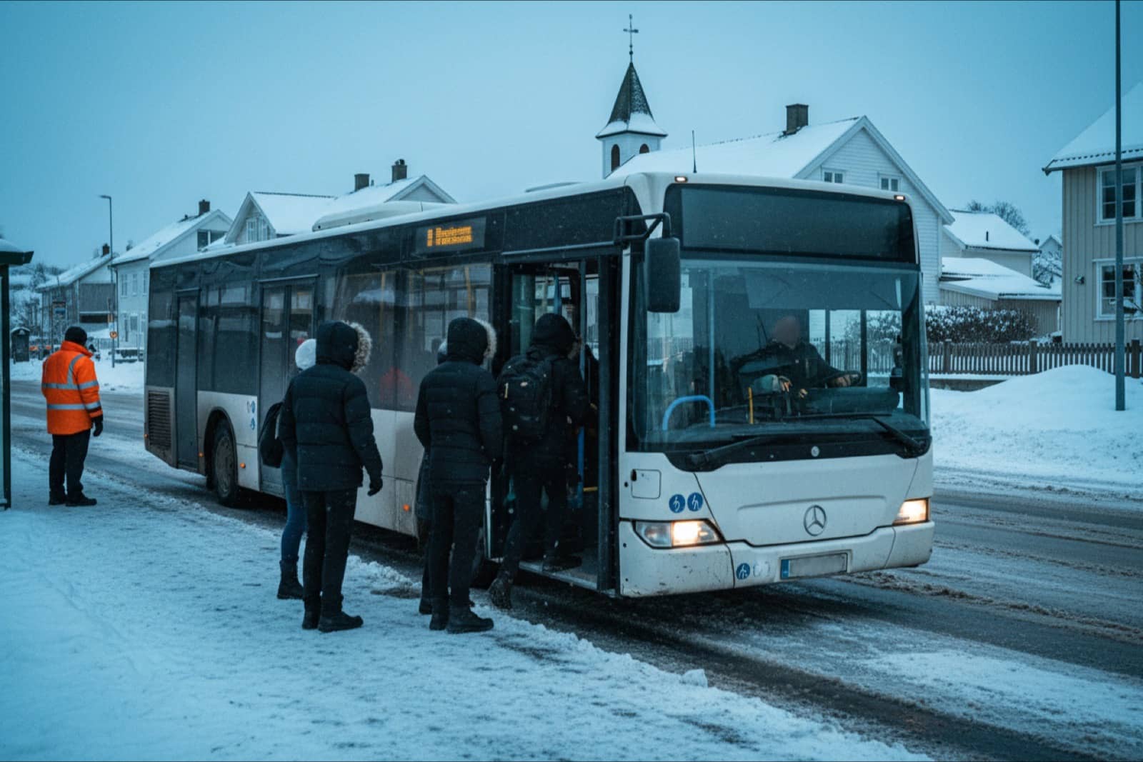 Autobus miejski na przystanku w norweskim mieście w śnieżny poranek