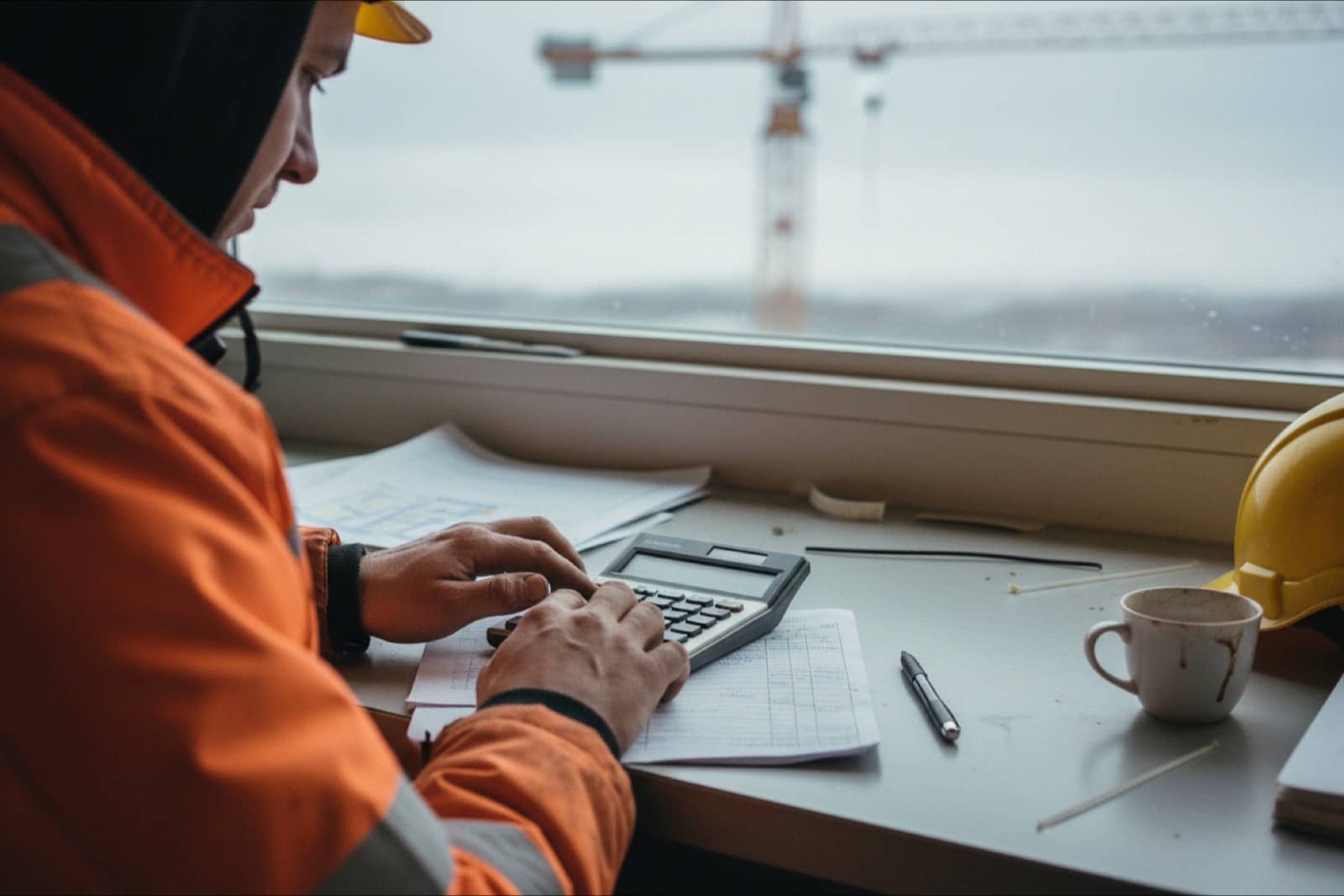Worker's hands on a calculator at a site office desk in Norway
