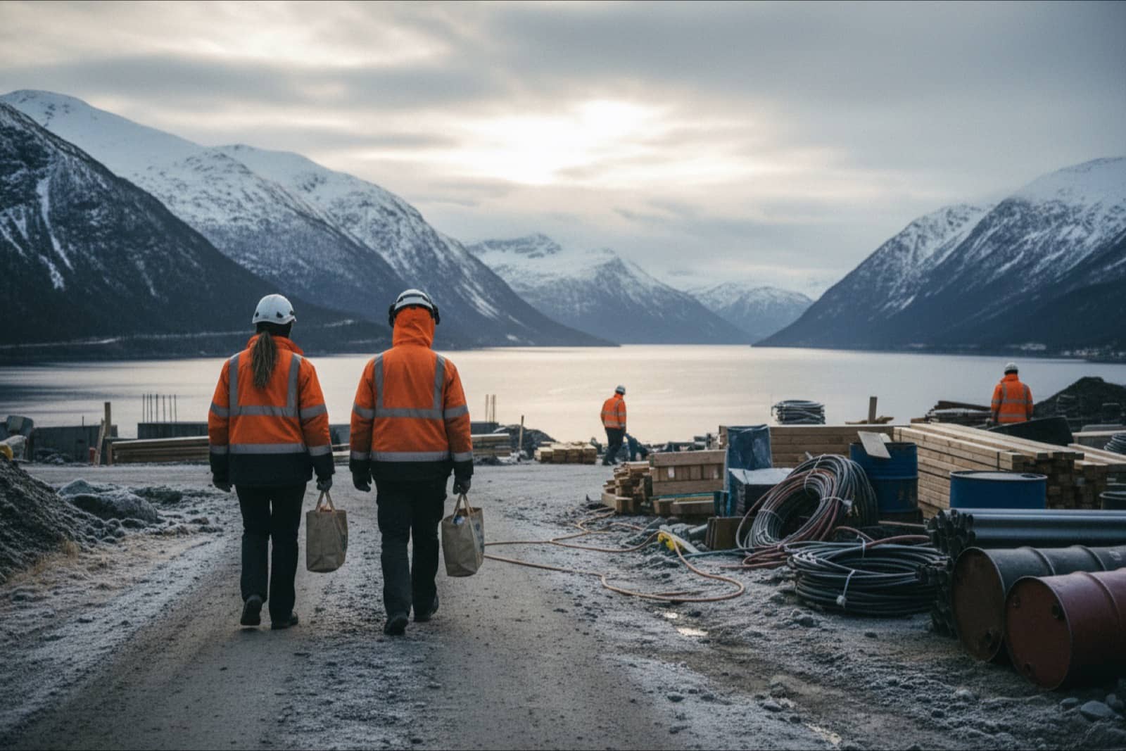A man and a woman walking to a Norwegian building site at dawn
