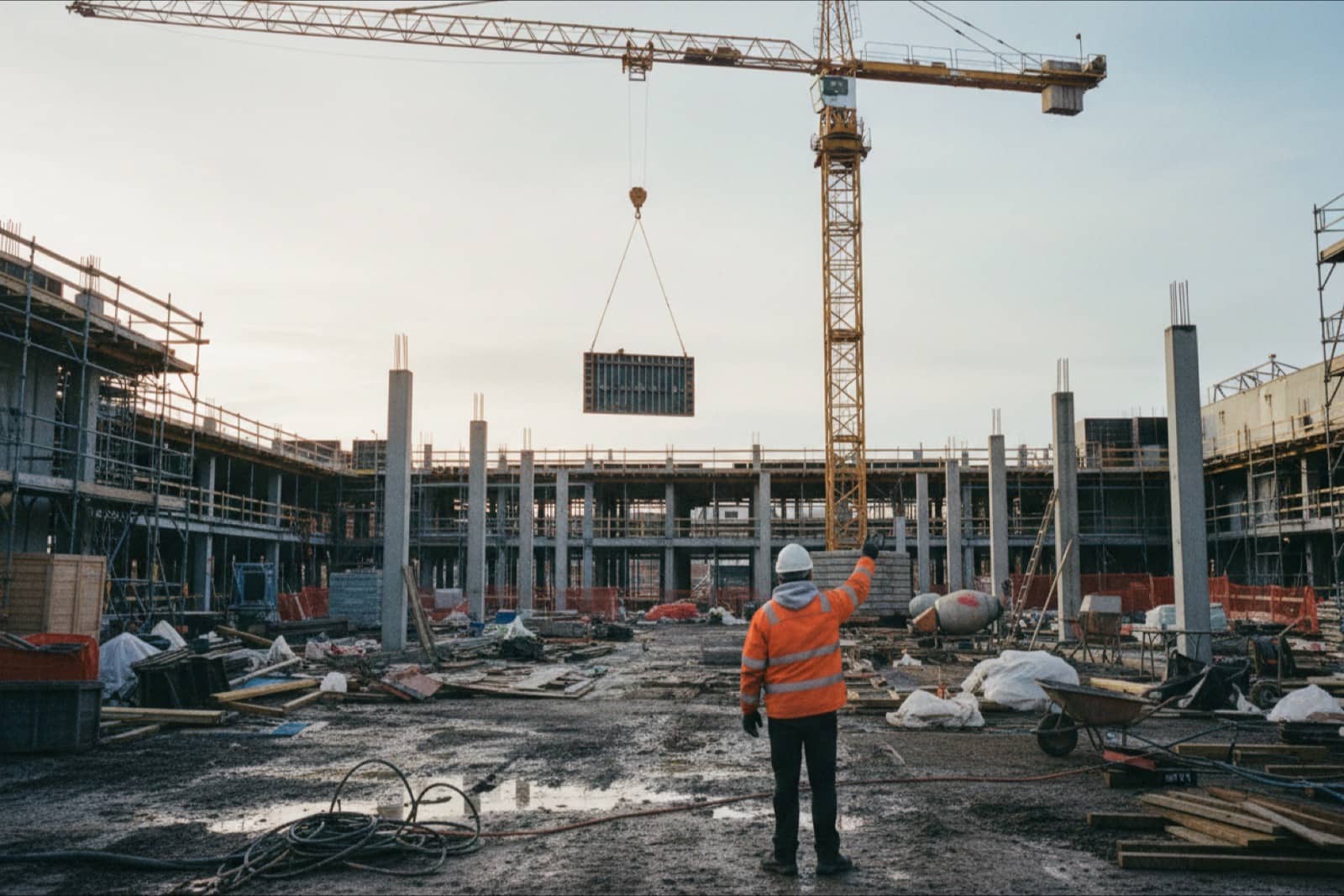 Tower crane above a hospital construction site in Norway in low winter sun