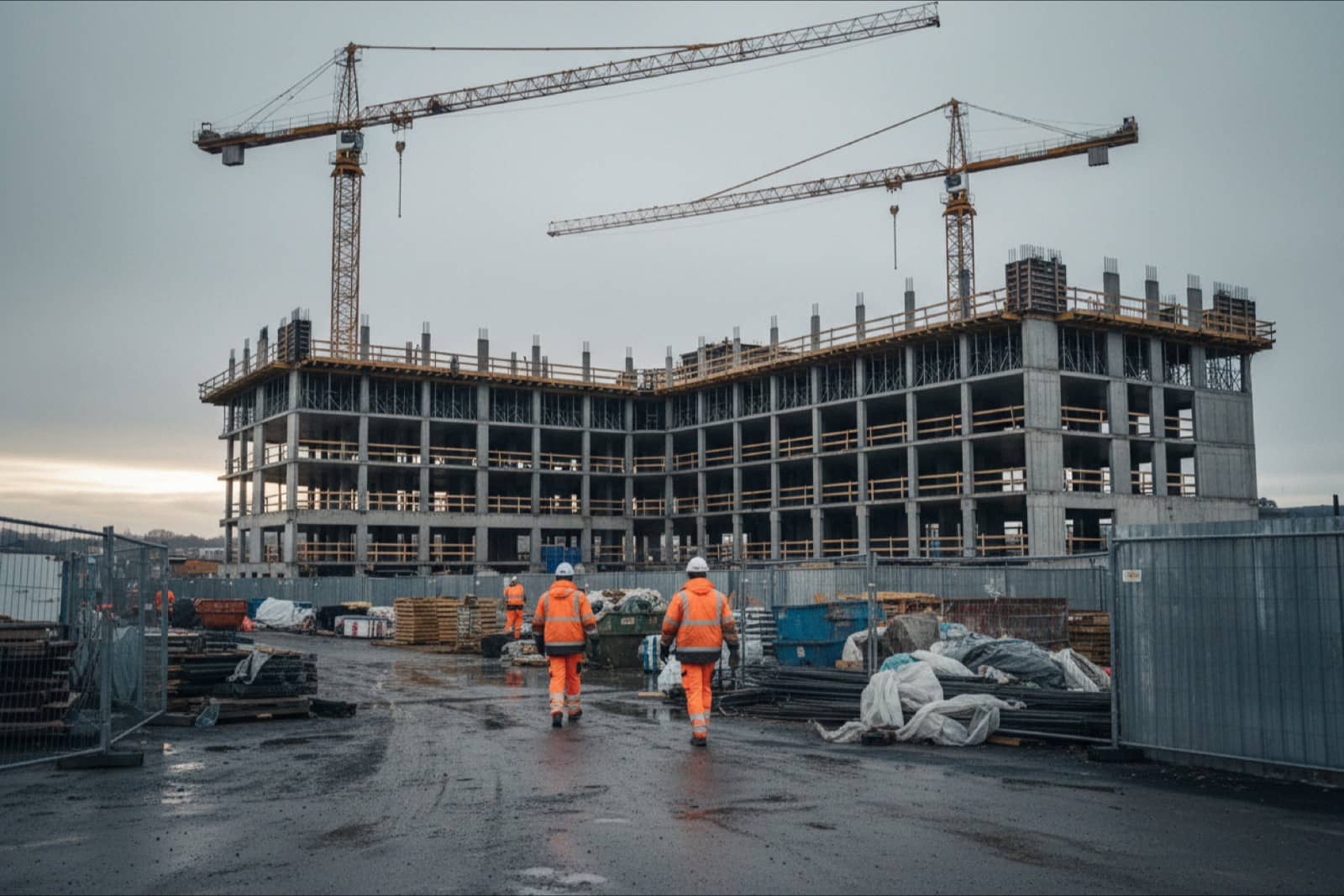 Hospital construction site in Oslo with two tower cranes and a concrete frame at first light