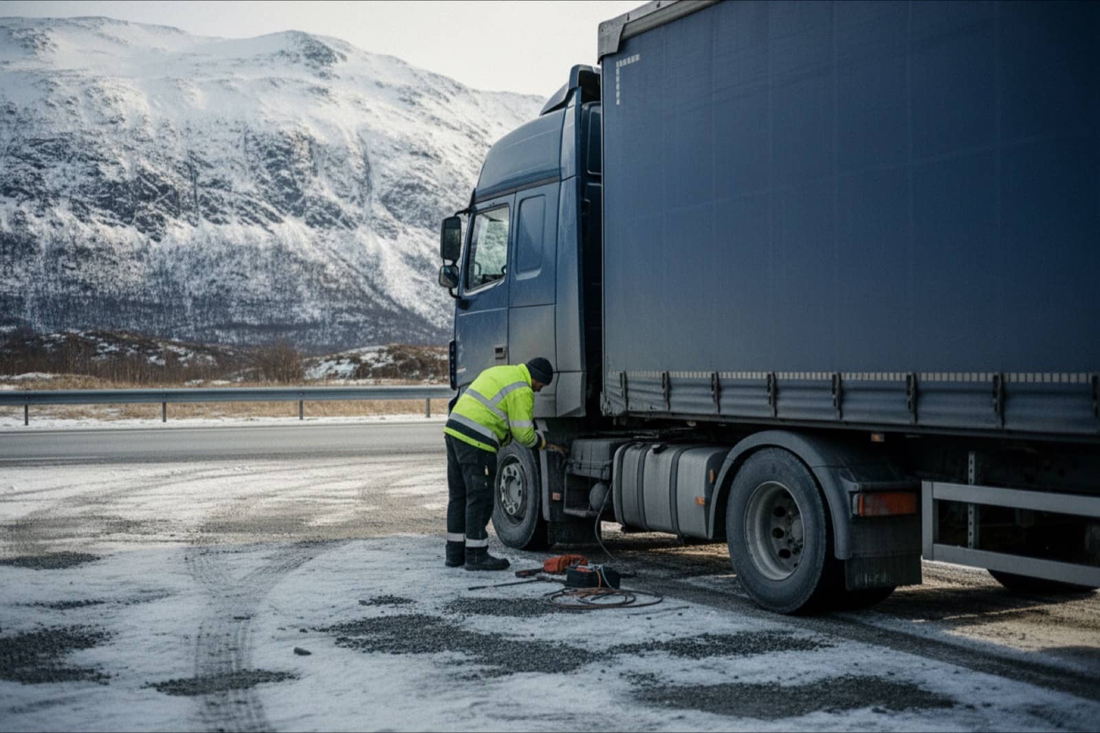 Articulated lorry at a rest stop on the E6 in Norway in winter