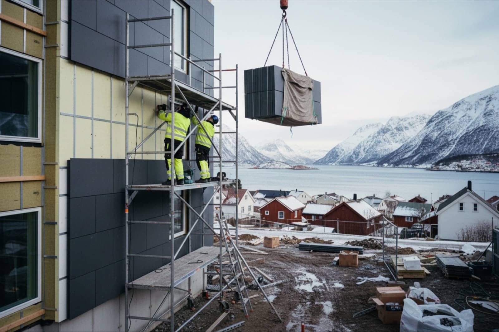 Facade installers fixing cladding panels to a new apartment block in Norway