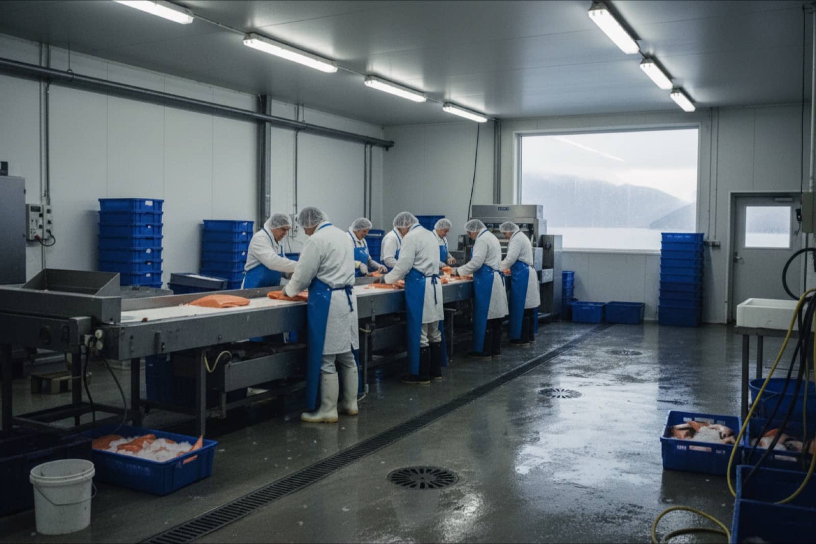 Salmon processing line in a fish plant in northern Norway