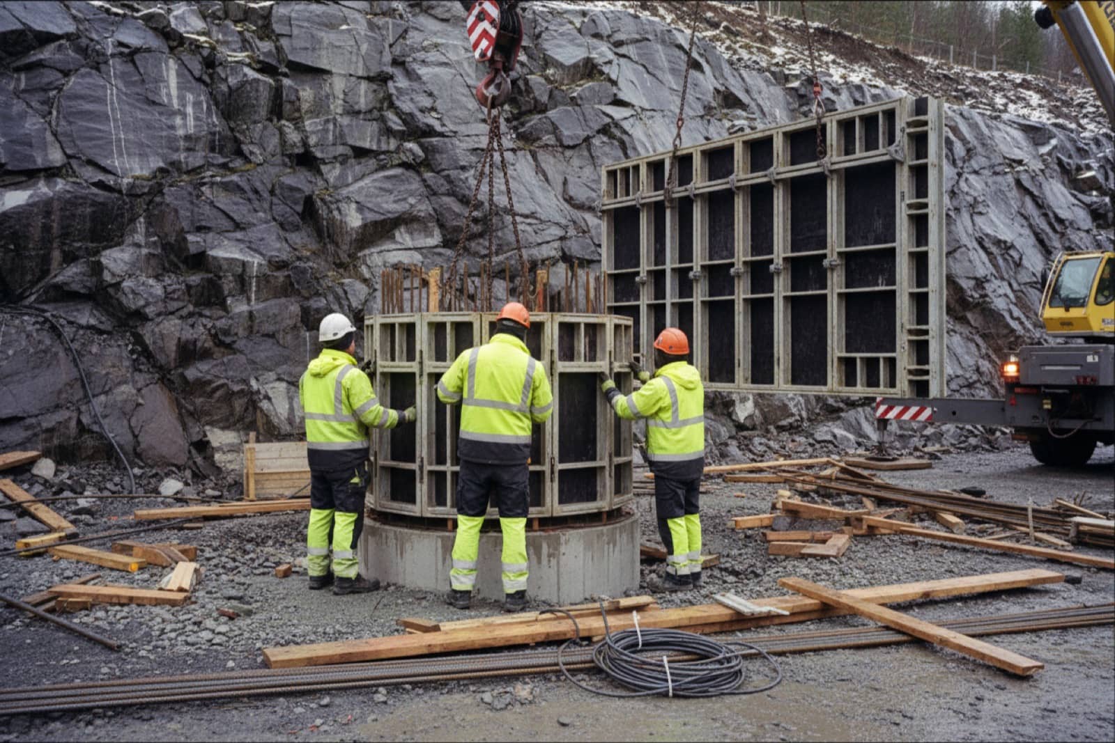 Formwork carpenters setting panels around a bridge pier on a Norwegian road project