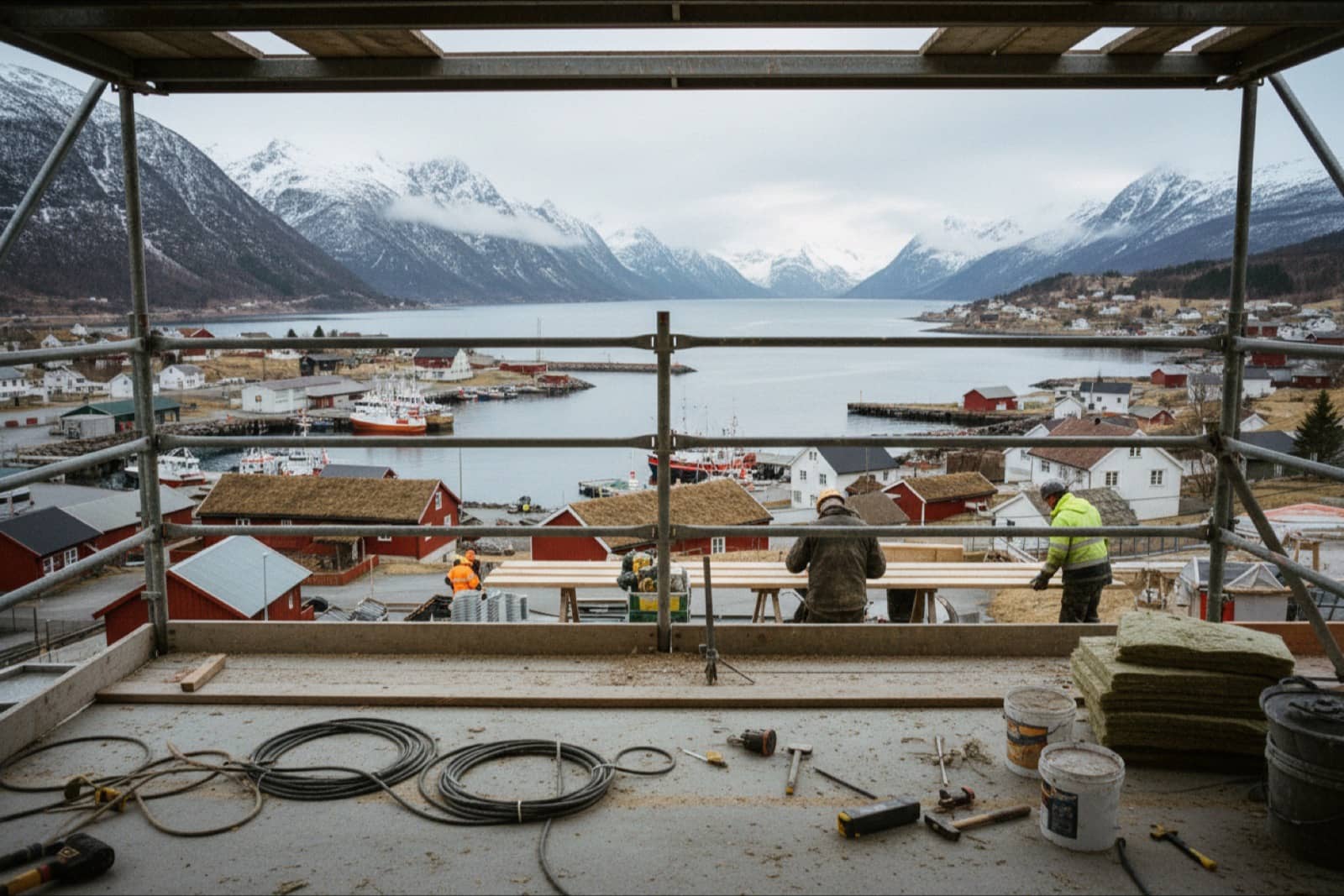 View over a Norwegian fjord town from a building under construction