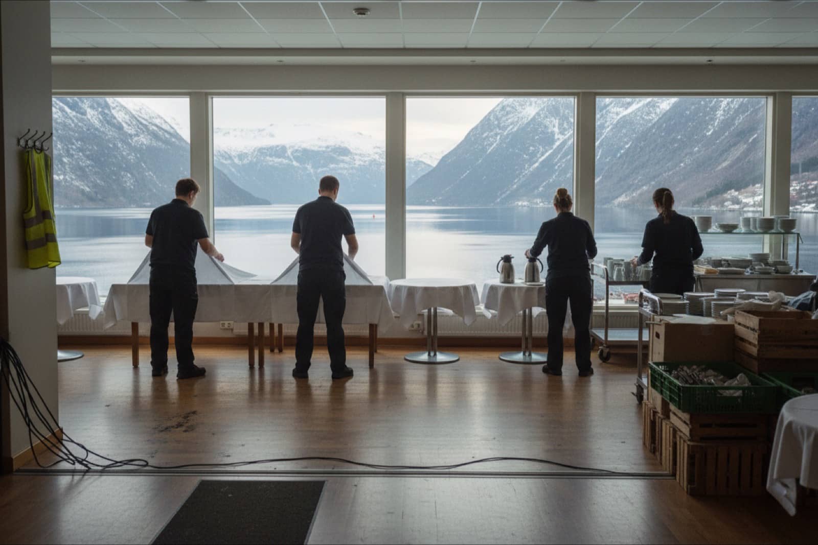 Hotel staff preparing a breakfast room in a Norwegian fjord hotel