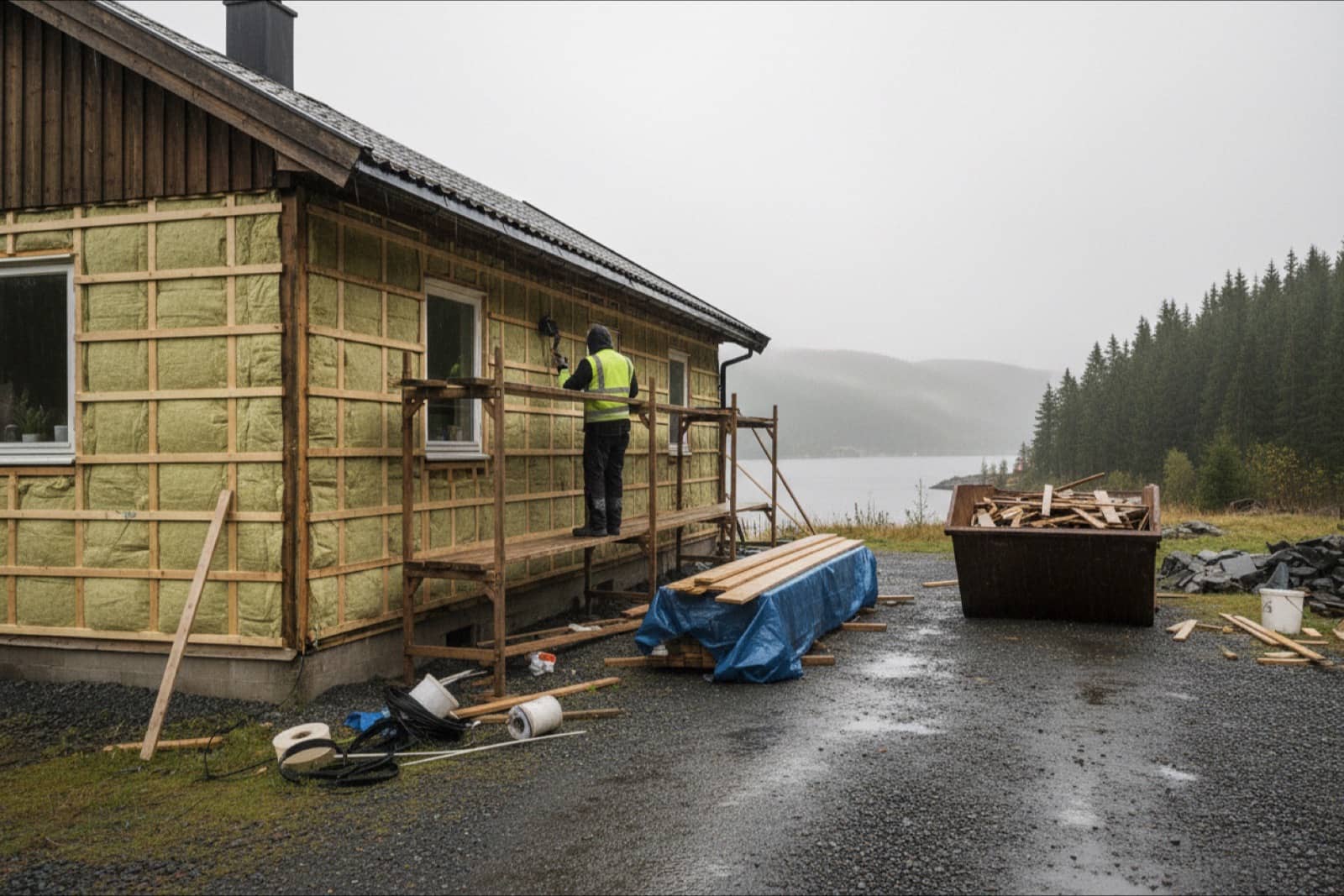 A 1970s timber house in Norway mid-renovation: cladding stripped to the studs, new insulation going in, scaffolding on a wet autumn day