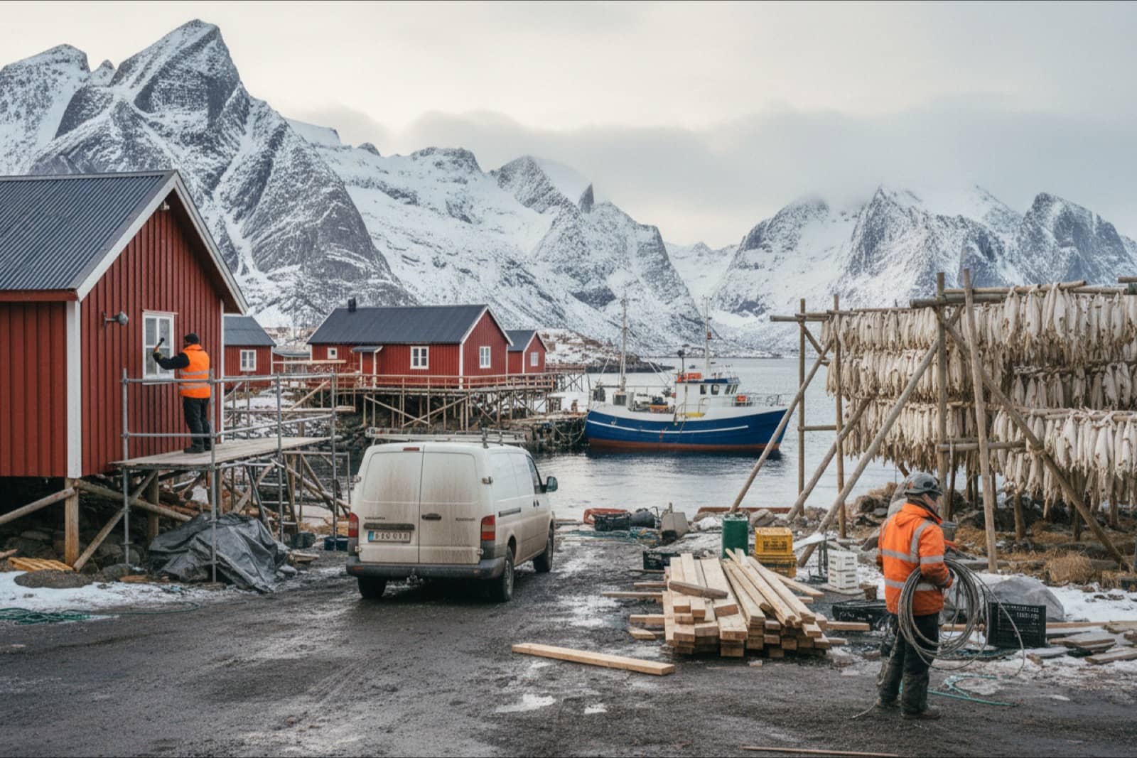 Lofoten fishing village in winter with red cabins and drying racks