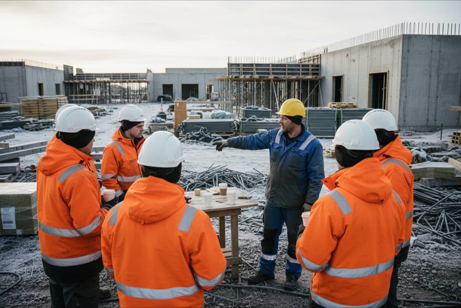 Morning safety briefing for new workers on a Norwegian building site