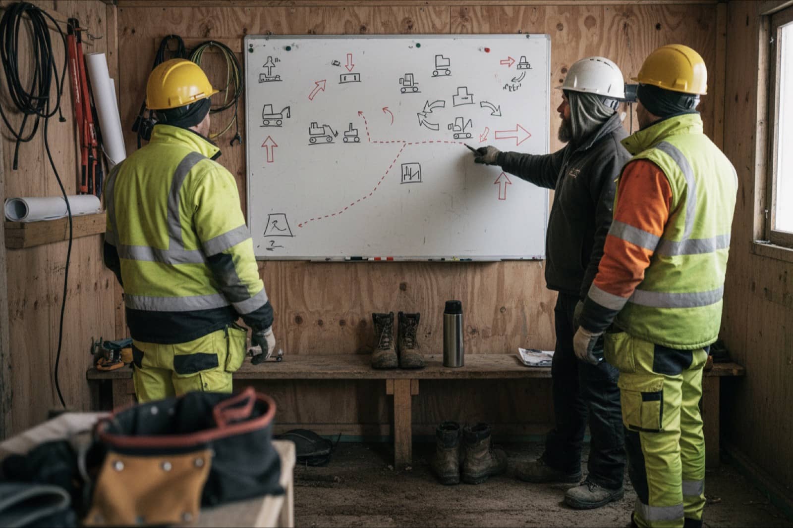 Foreman explaining the plan with pictograms in a Norwegian site hut