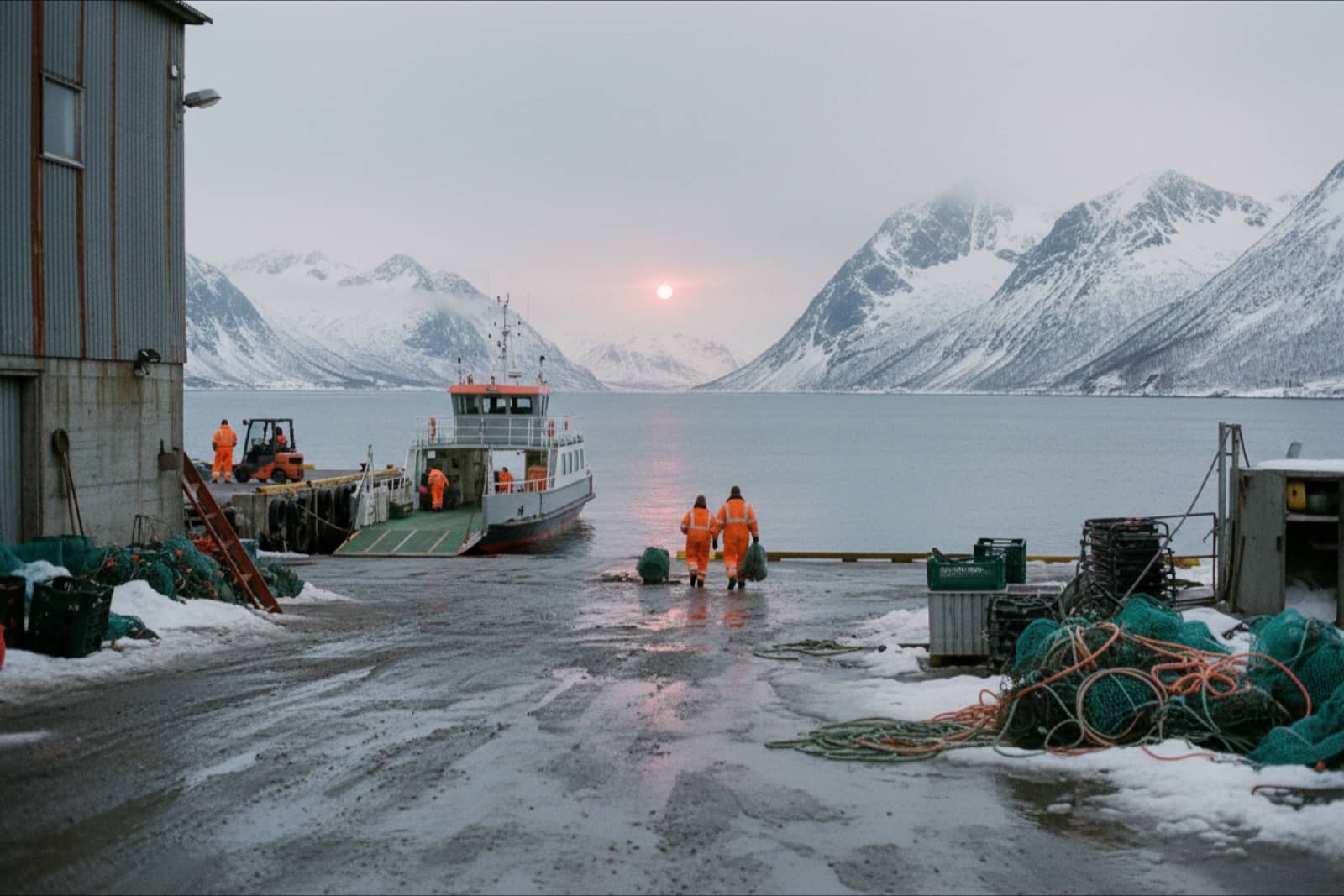 Fjord at Finnsnes on Senja in winter with a fish plant and quay