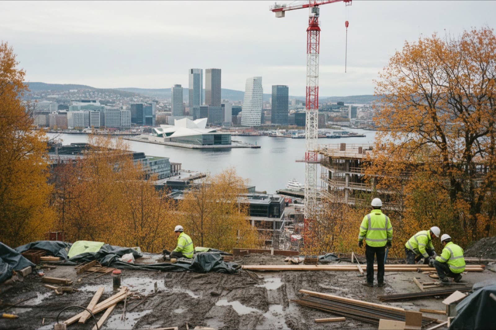 Oslo and the fjord in autumn with the opera house and a tower crane
