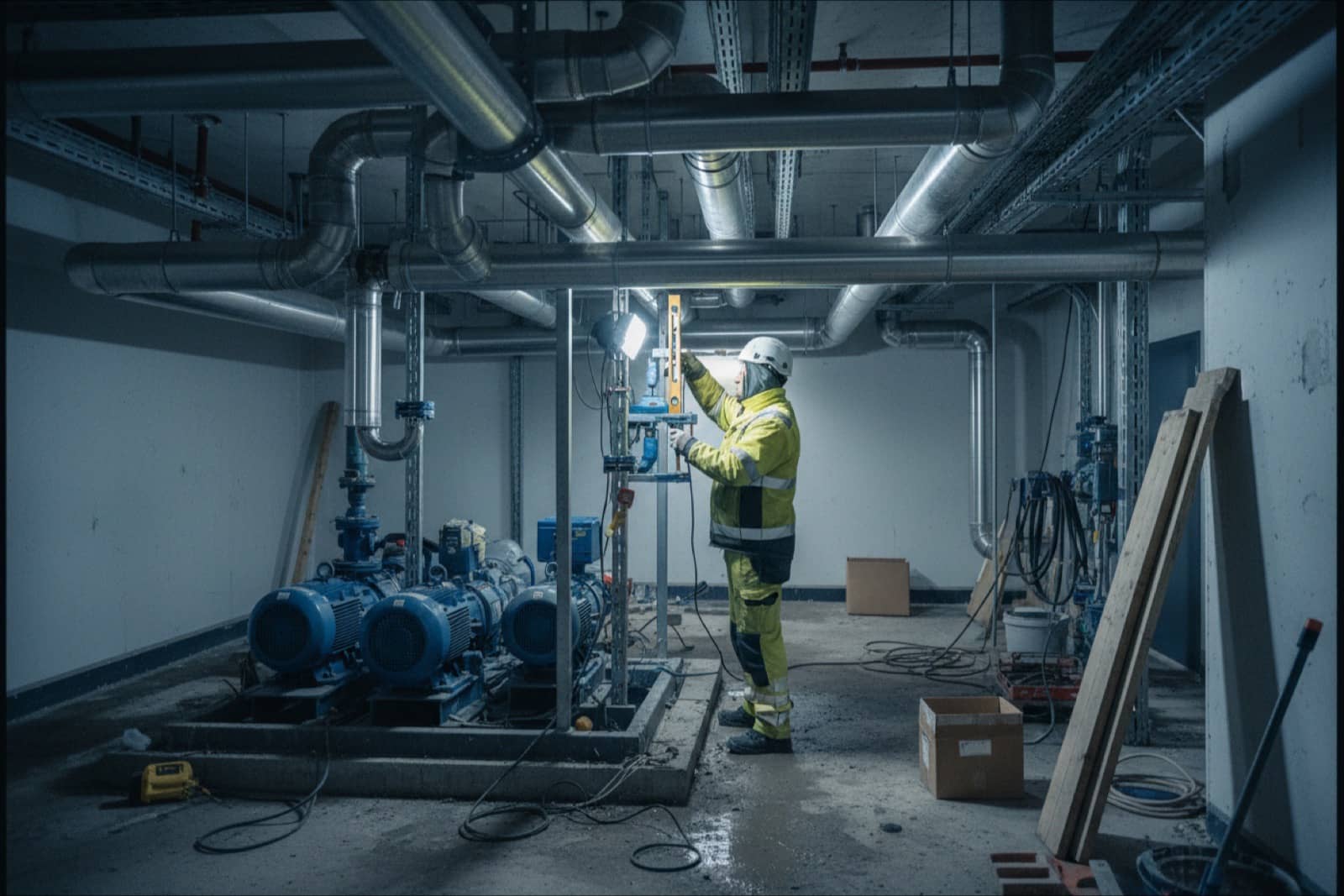 Pipefitter installing stainless pipework in a hospital plant room in Norway