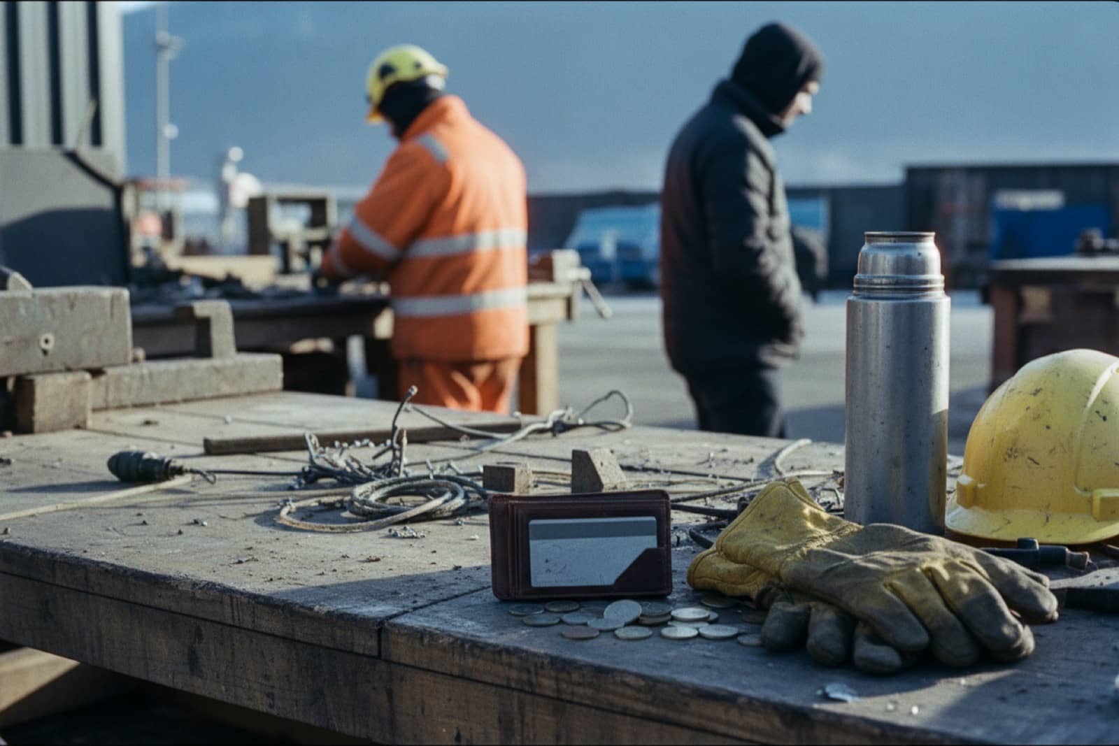 Wallet with a bank card and coins on a workshop bench beside gloves and a helmet