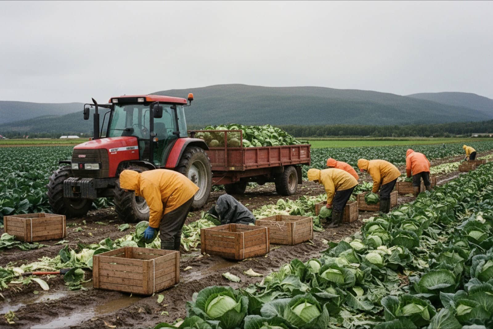 Seasonal workers harvesting cabbages on a Norwegian farm in late summer