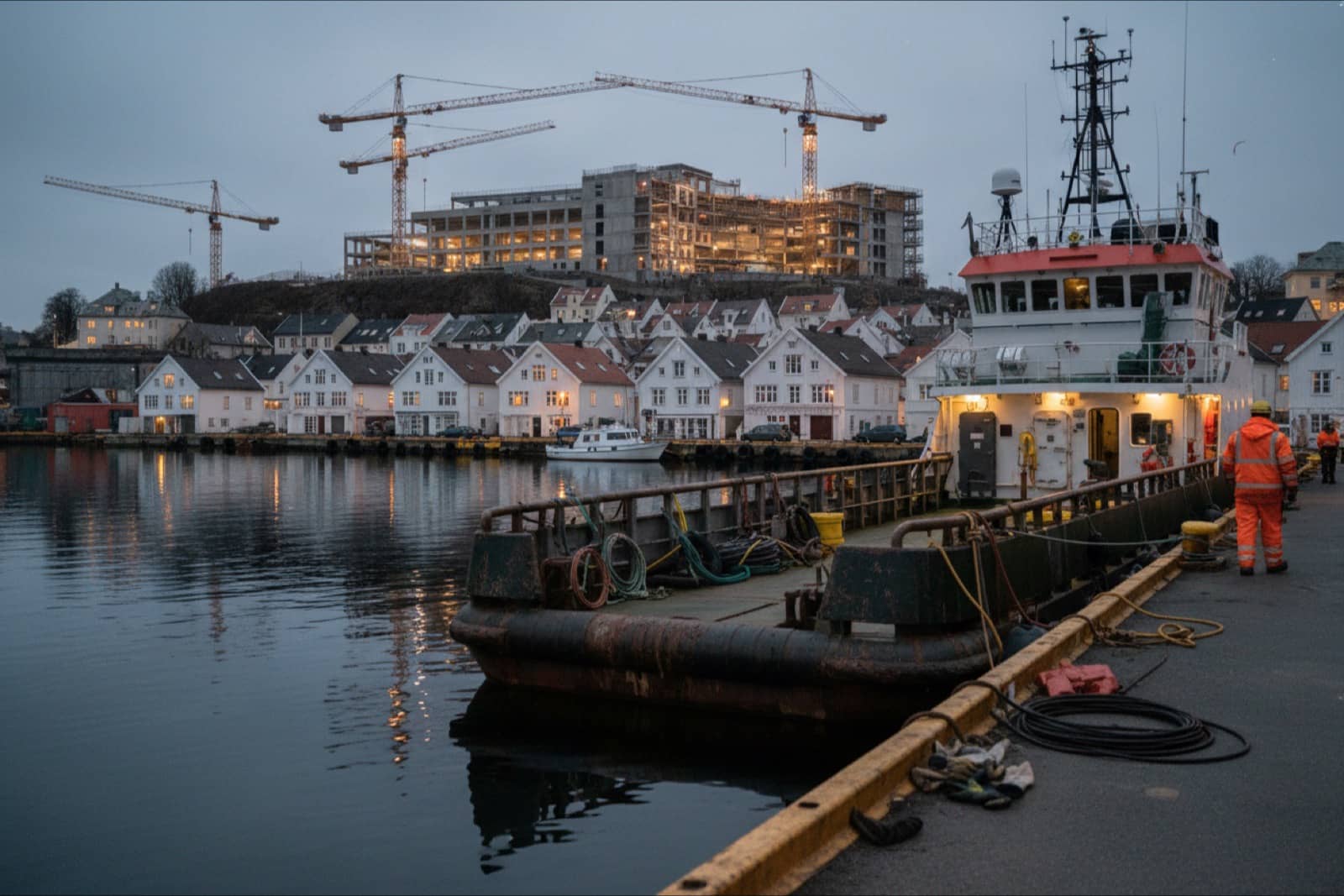 Stavanger harbour at dusk with a supply vessel and cranes