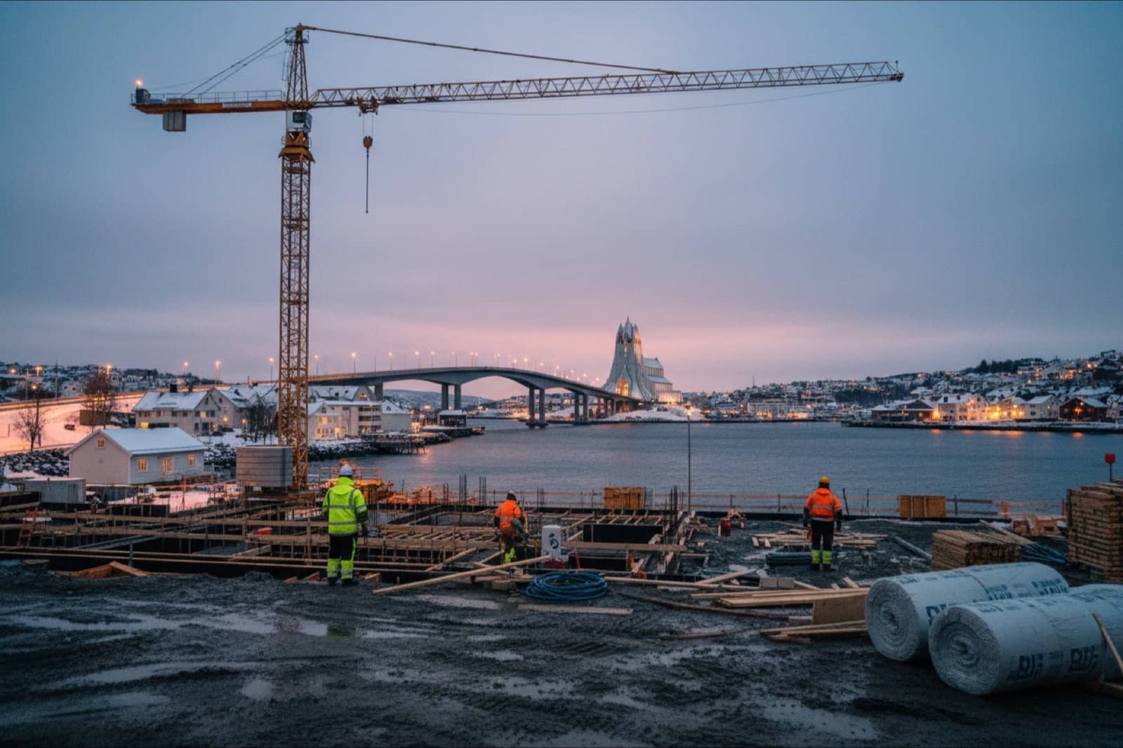 Tromsø in winter with the Arctic Cathedral and the bridge