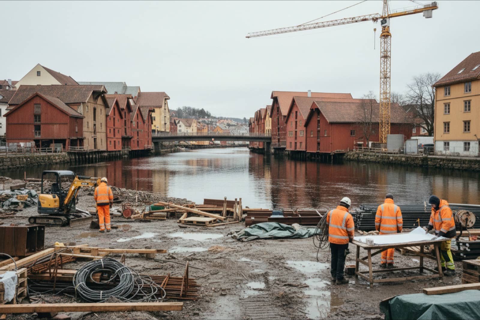 Trondheim's old town bridge and wooden warehouses on the Nidelva