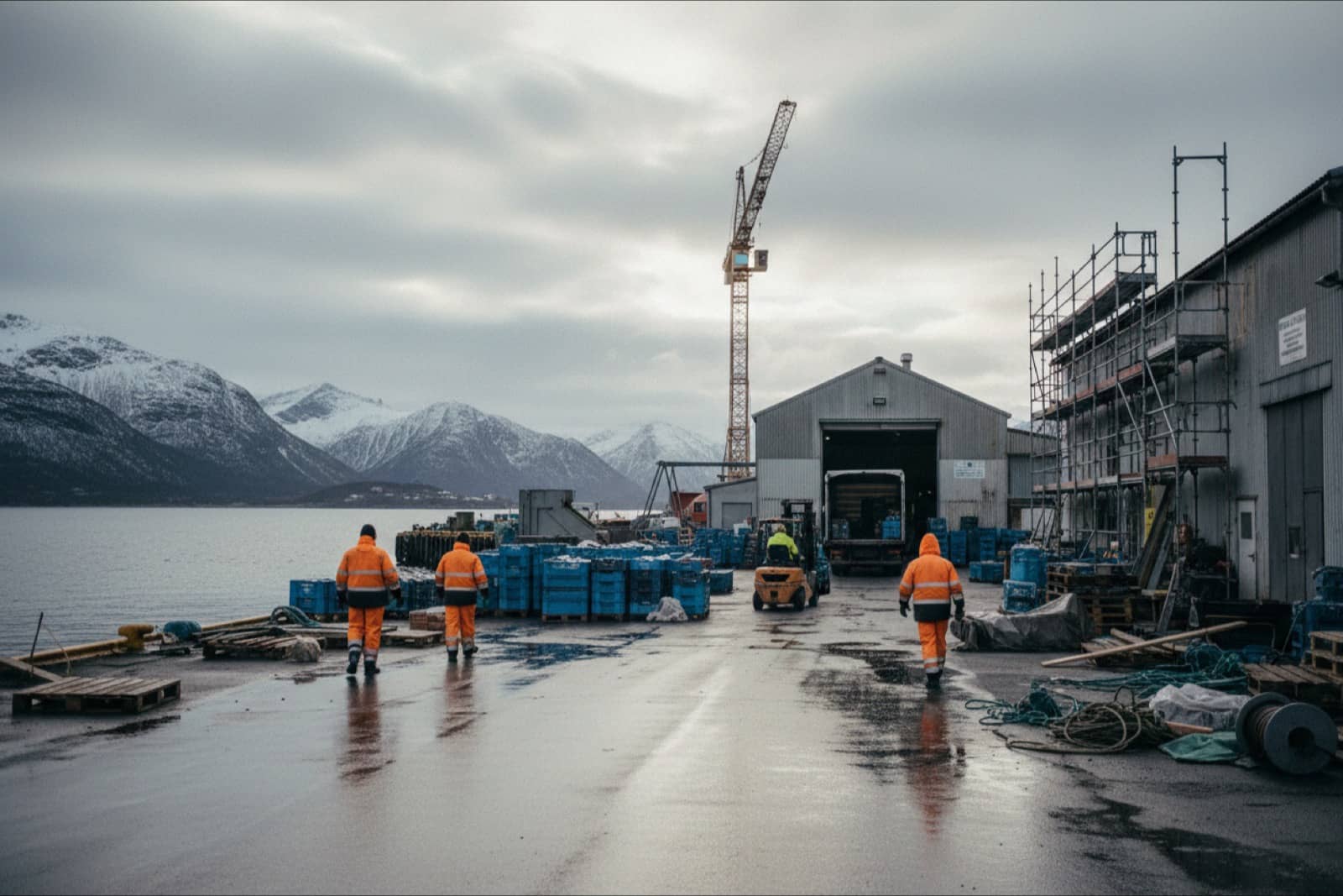 Norwegian harbour town in the morning: fish plant, warehouse, lorry and building site in one view