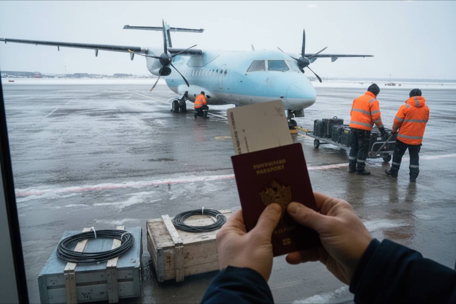Hands holding a European passport at an airport window in Norway
