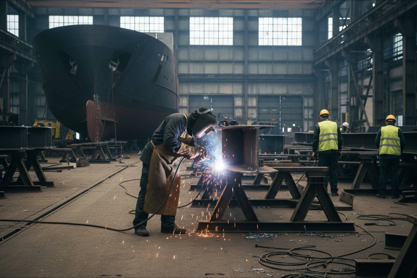 Welder working on a steel beam in a Norwegian shipyard hall