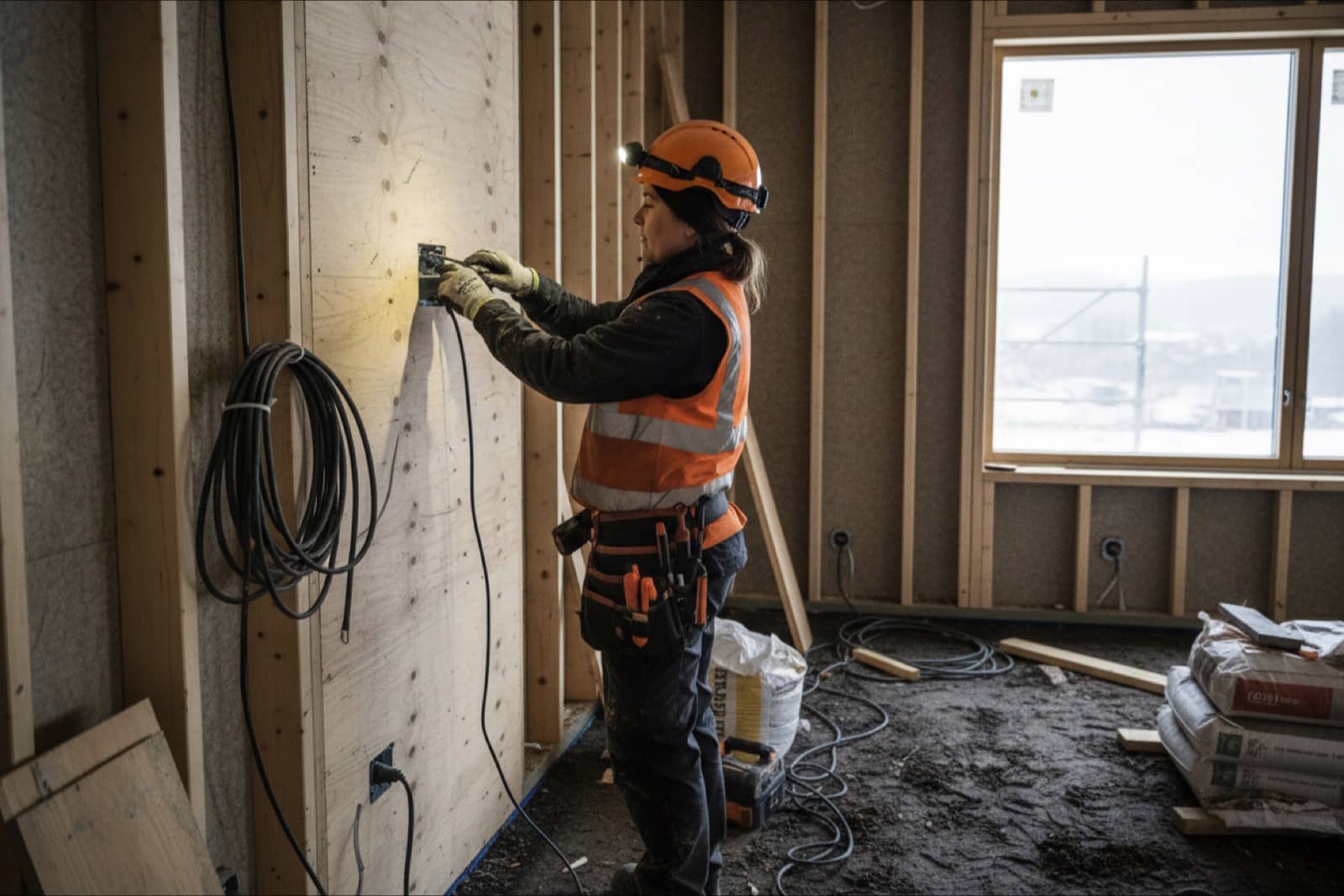 Female electrician fitting a socket box on a Norwegian building site