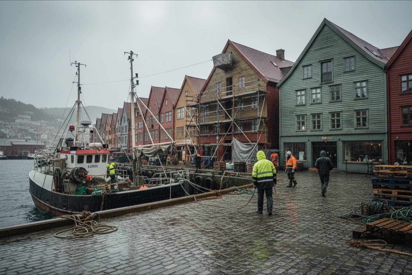 Bergen's Bryggen wharf on a rainy day with a scaffold on one building