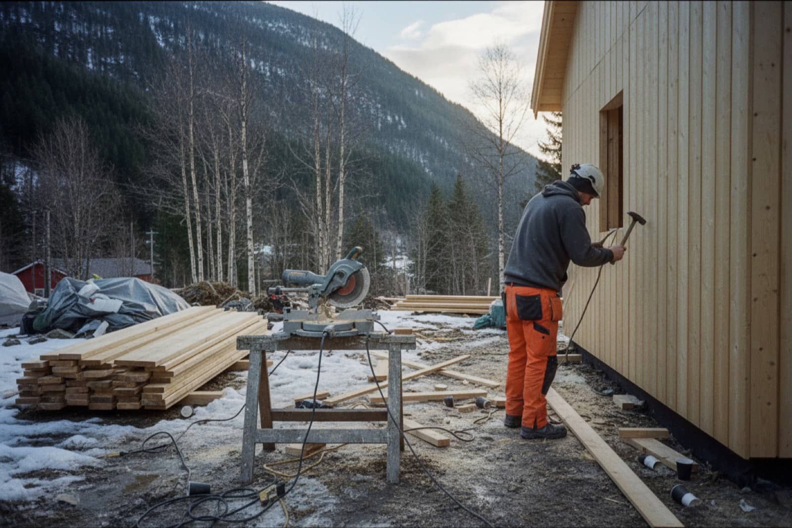 Carpenter fixing wooden cladding to a new timber-frame house in a Norwegian village