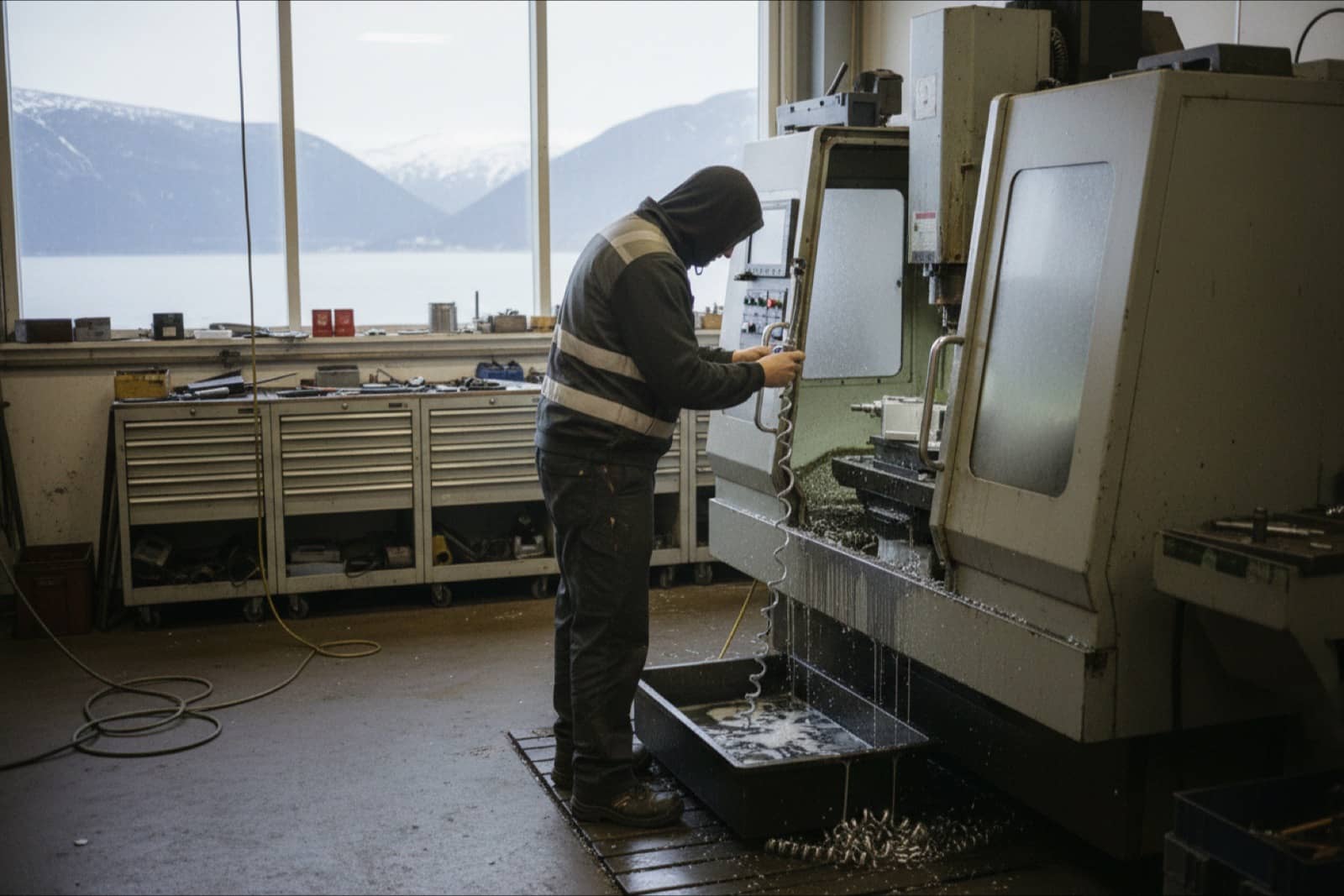 Operator sprawdza detal przy frezarce CNC w norweskim warsztacie