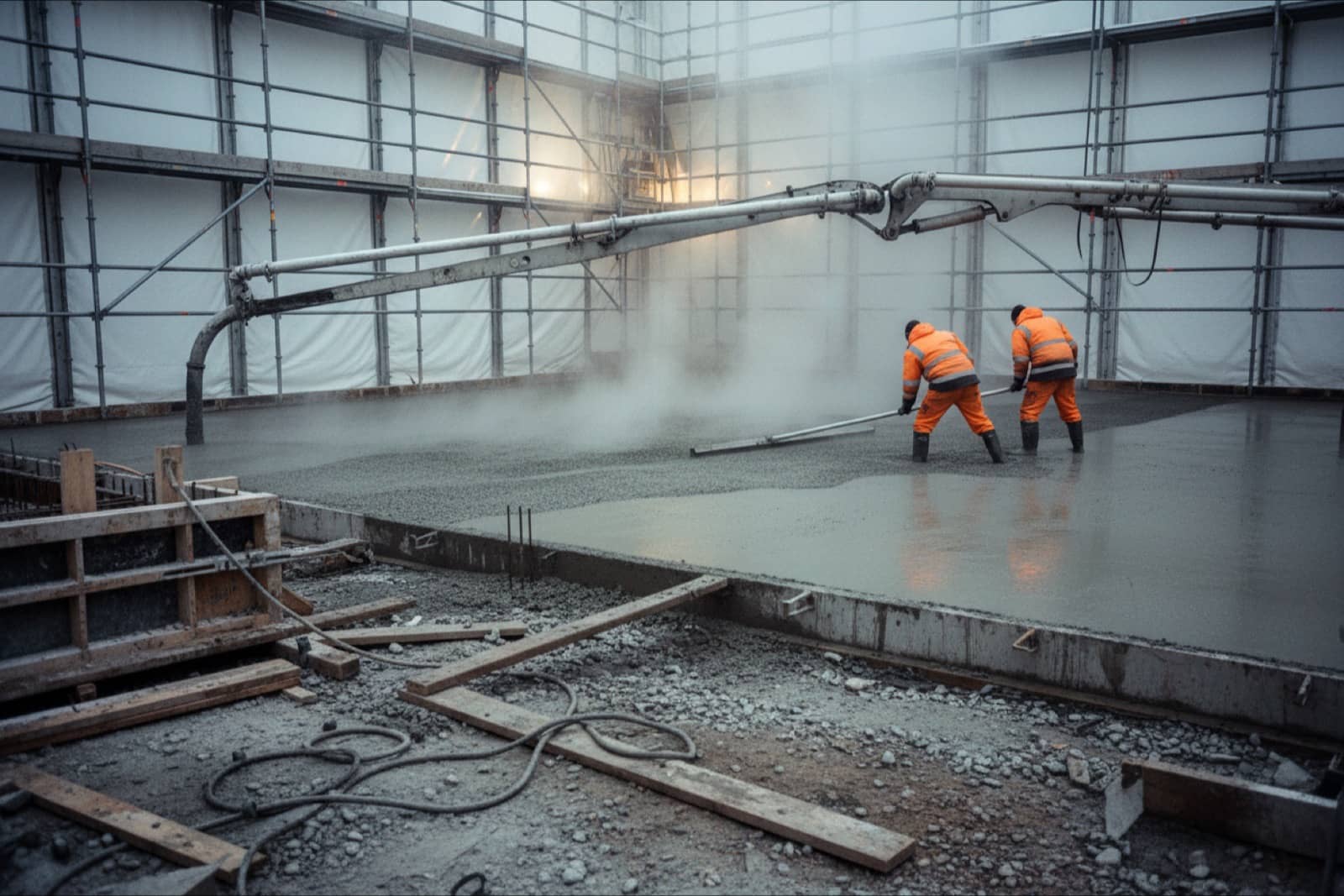 Winter concrete pour on a Norwegian site with a concrete pump