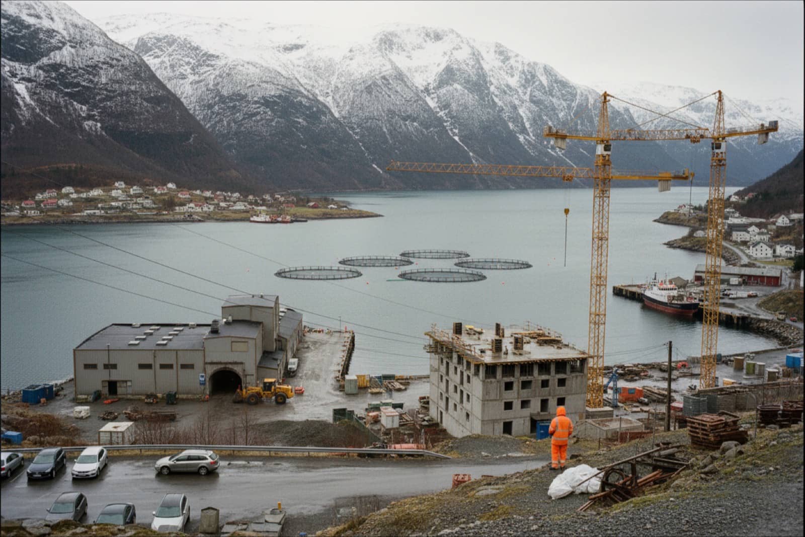 A Norwegian fjord with salmon-farm pens in the water, a fish plant on the shore, tower cranes over a new building and a tunnel mouth in the mountainside on an overcast morning