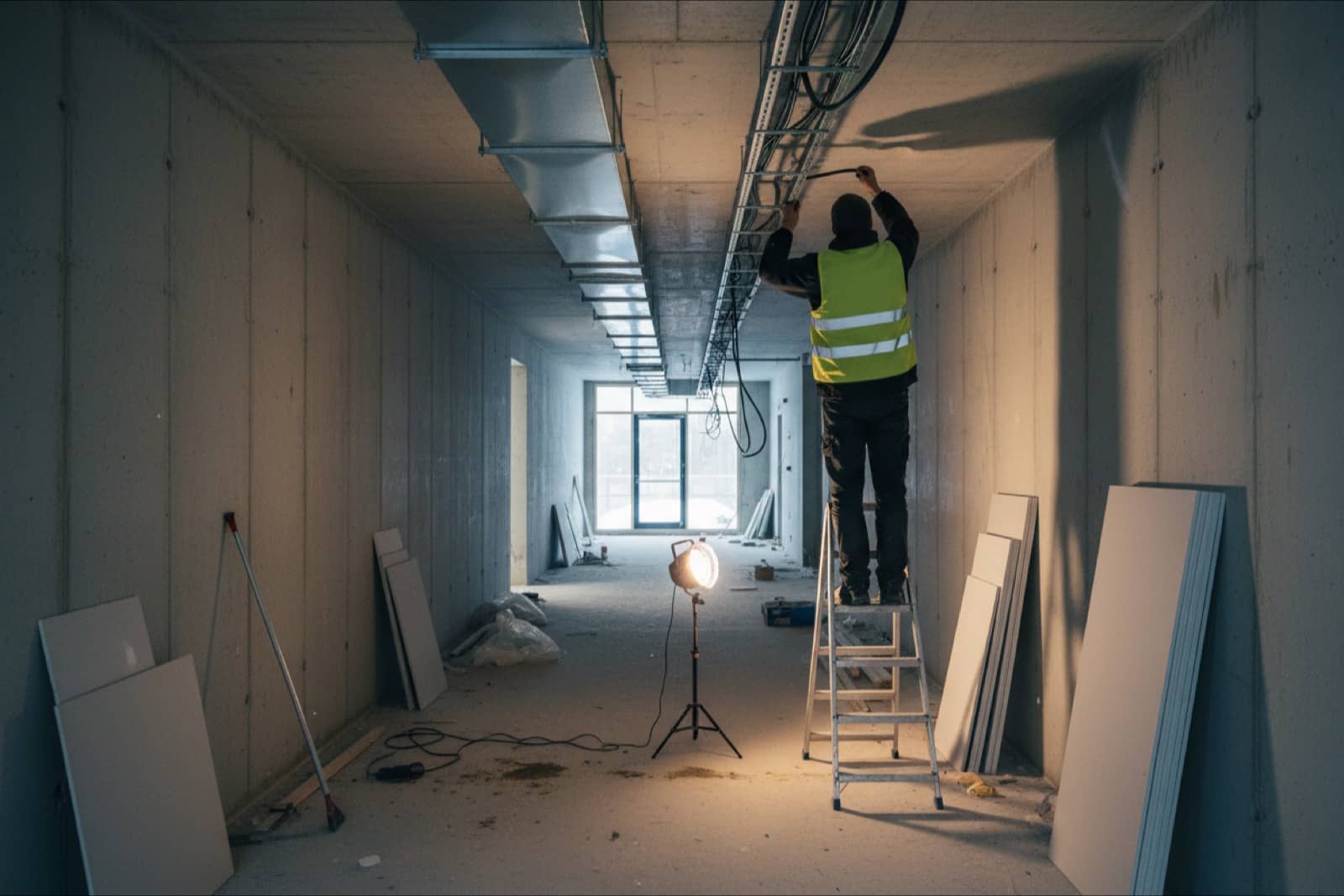 Electrician pulling cables into a tray in a new hospital corridor