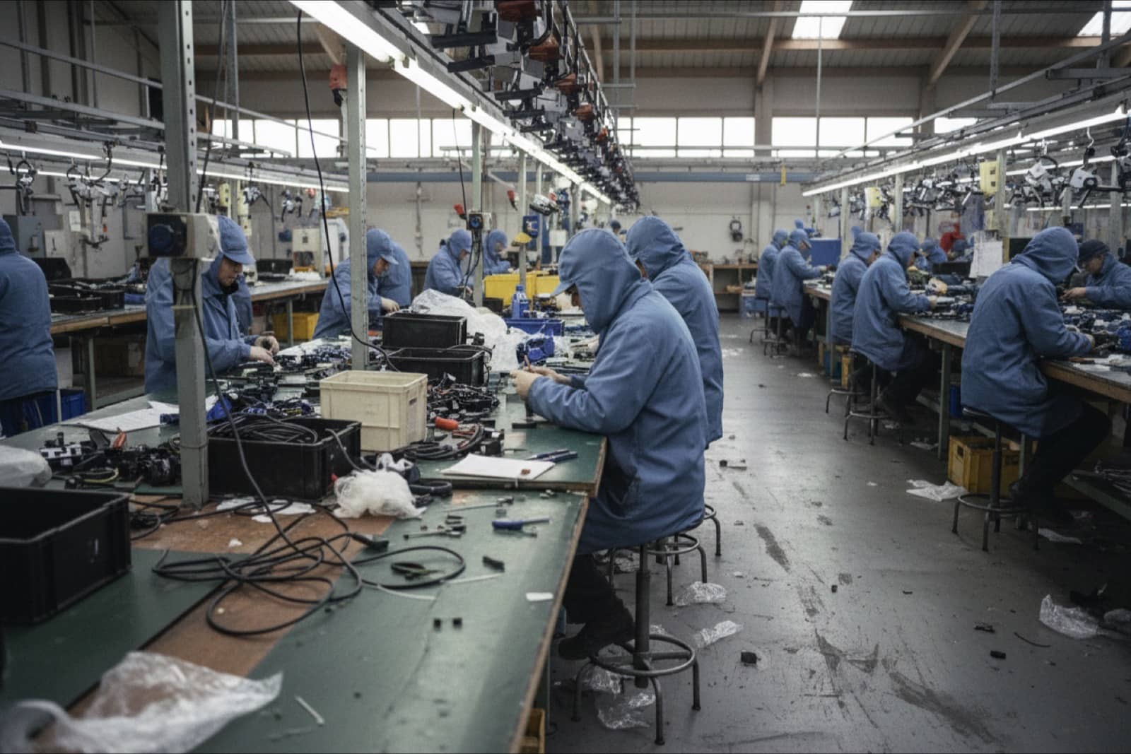 Production line in a Norwegian factory with workers assembling components
