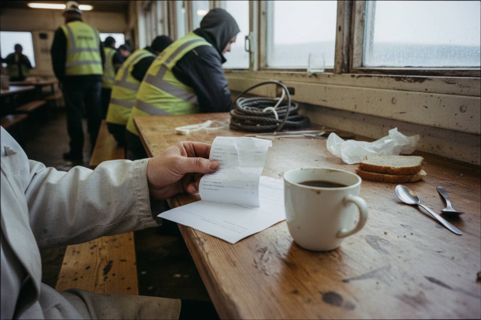 Worker's hands with a payslip and contract in a fish plant canteen