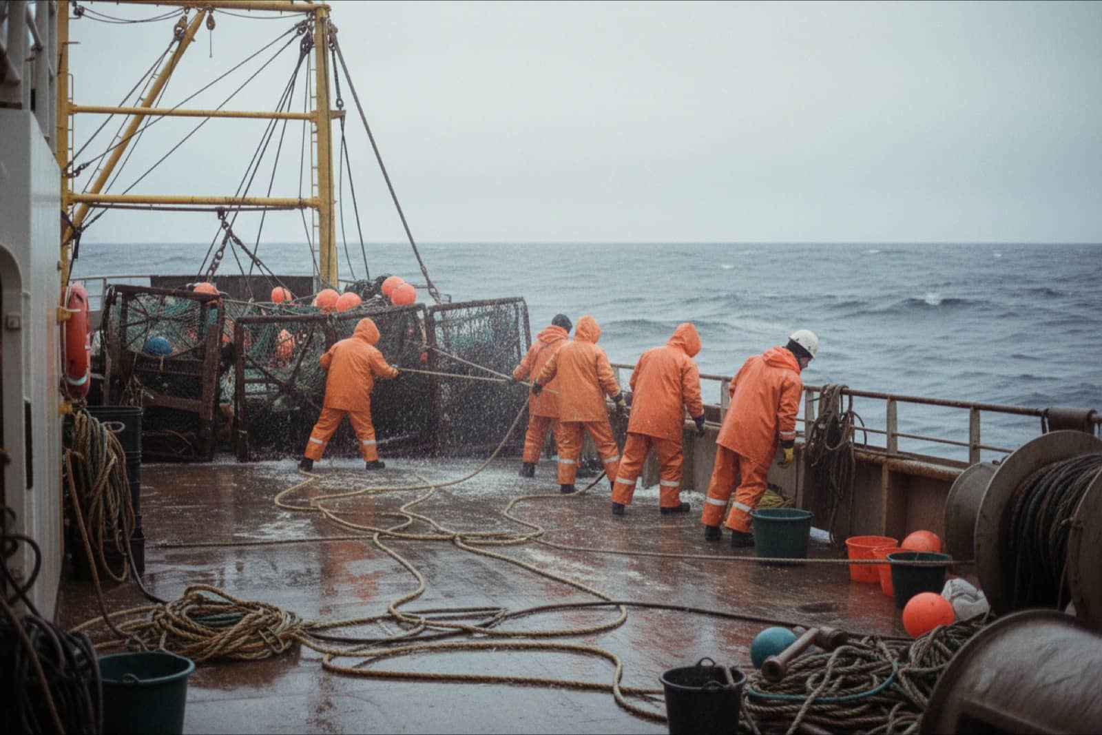 Arbeitsdeck eines norwegischen Hochseetrawlers mit Netzen und Besatzung