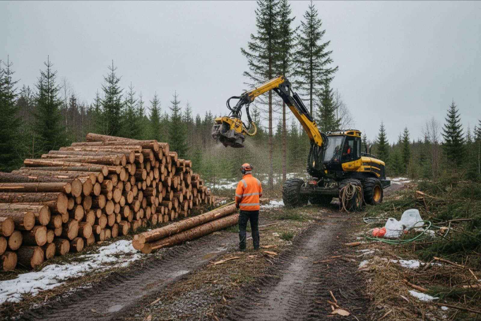 Harvester felling spruce in a Norwegian forest in early spring