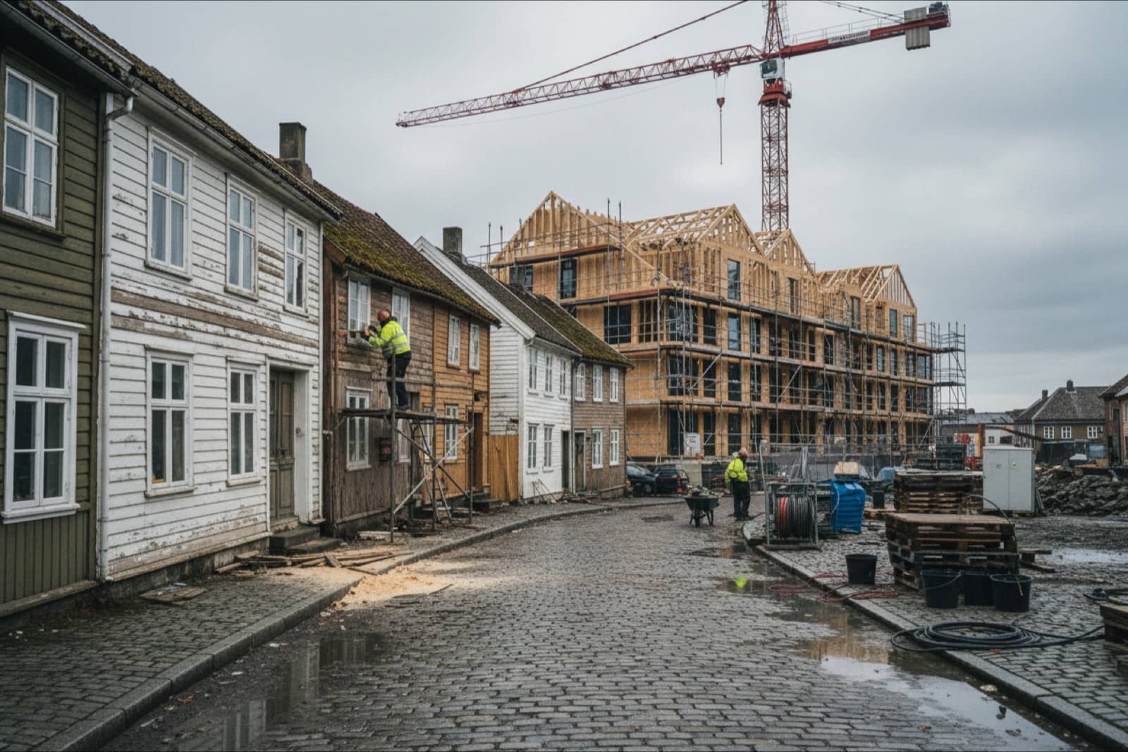 A street of old wooden houses in Norway with scaffolding, and a new timber building rising behind the roofs
