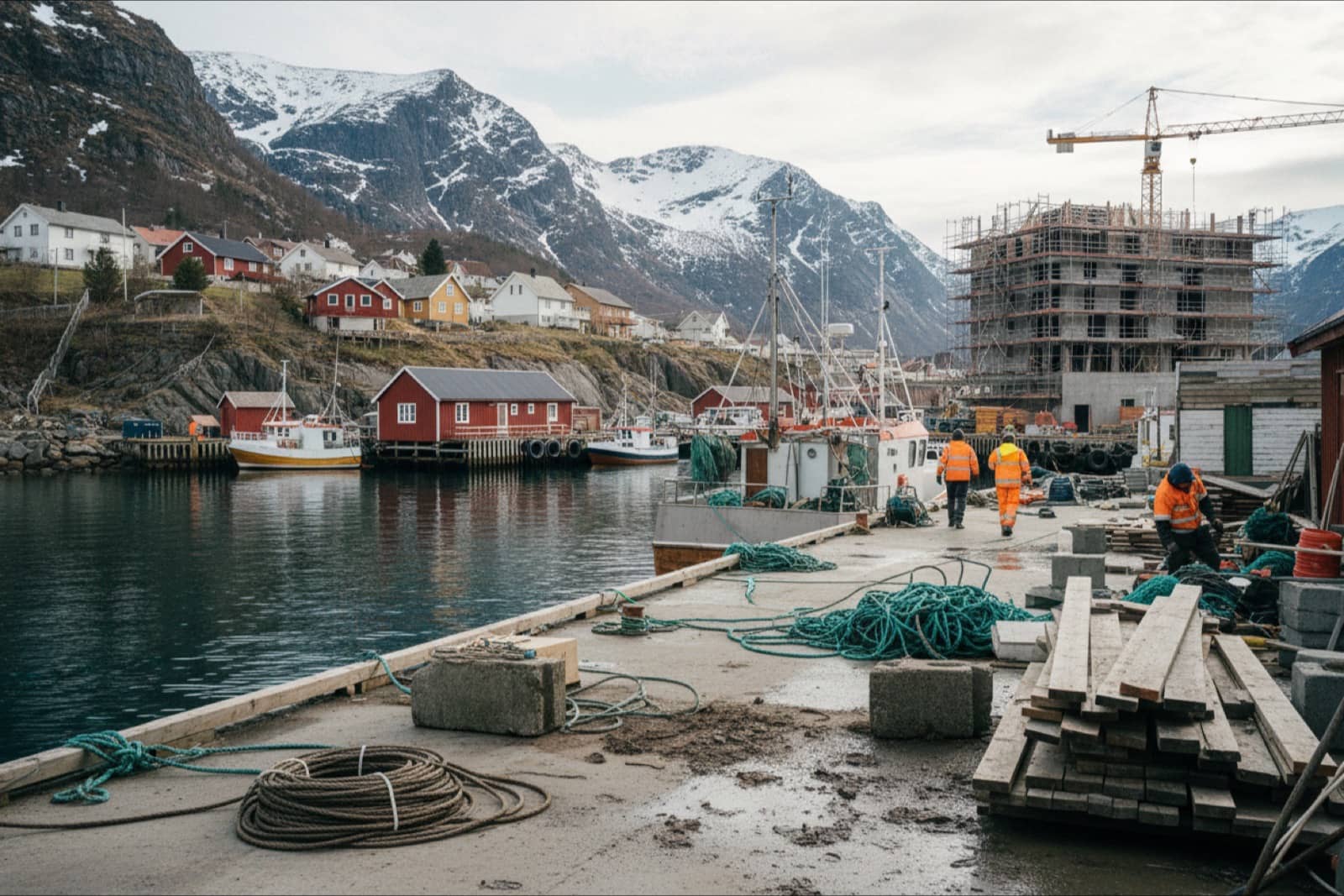Small Norwegian fjord town in spring with a new building and a crane
