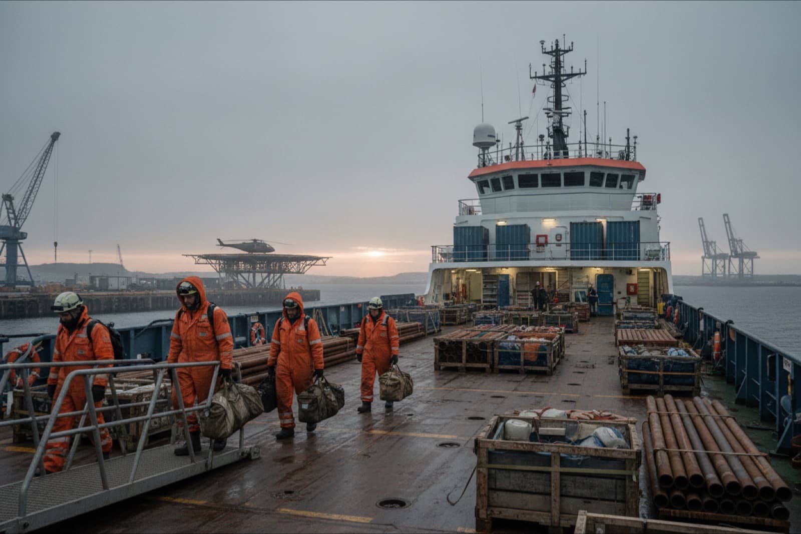 Platform supply vessel at a quay in Stavanger at dusk
