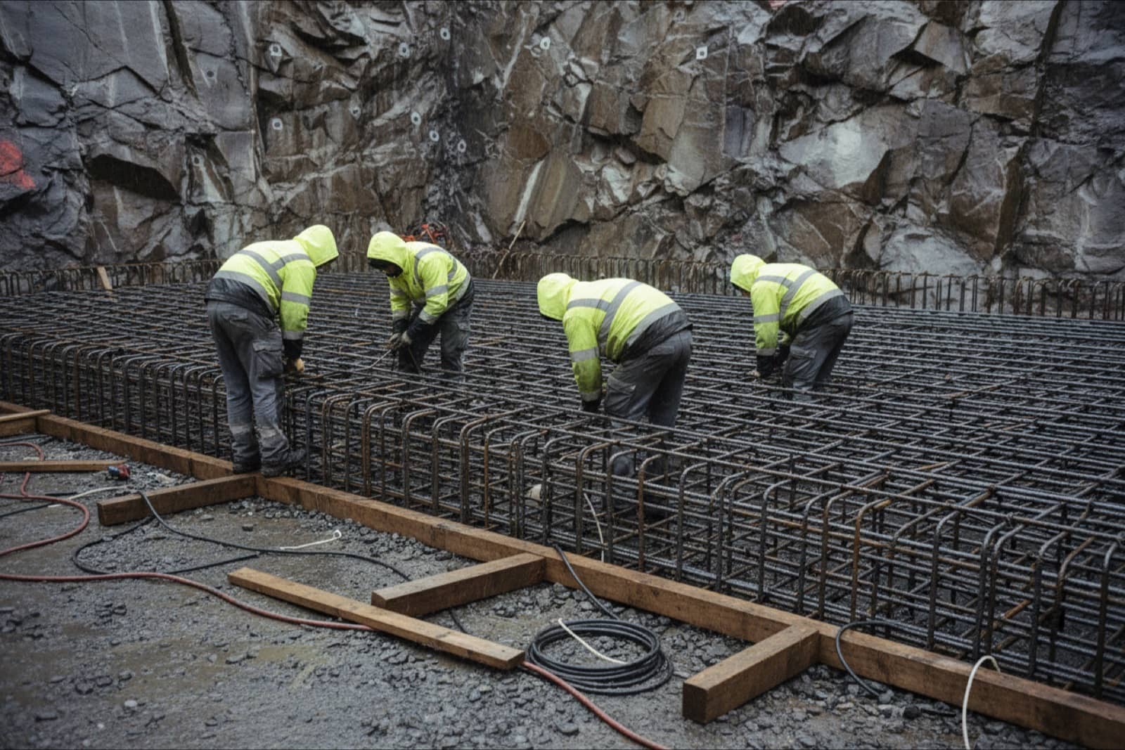 Raudoittajat sitovat raudoitushäkkiä tunnelin suulla Norjassa