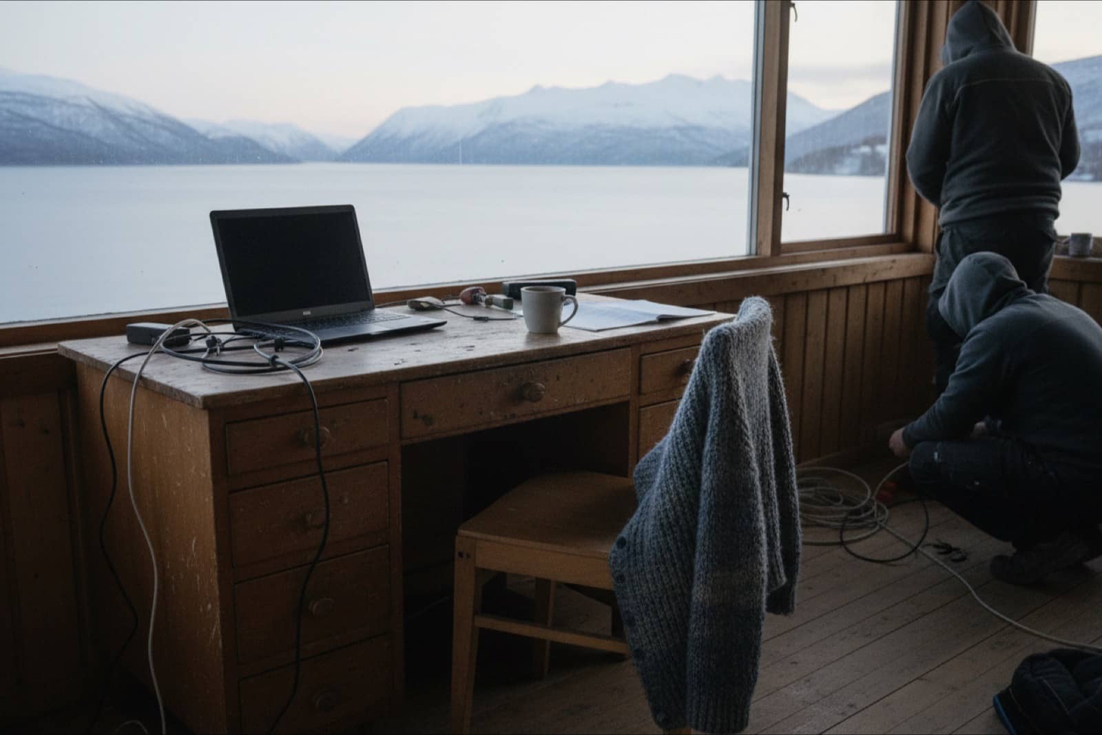 Laptop by the window of a Norwegian cabin with a fjord view