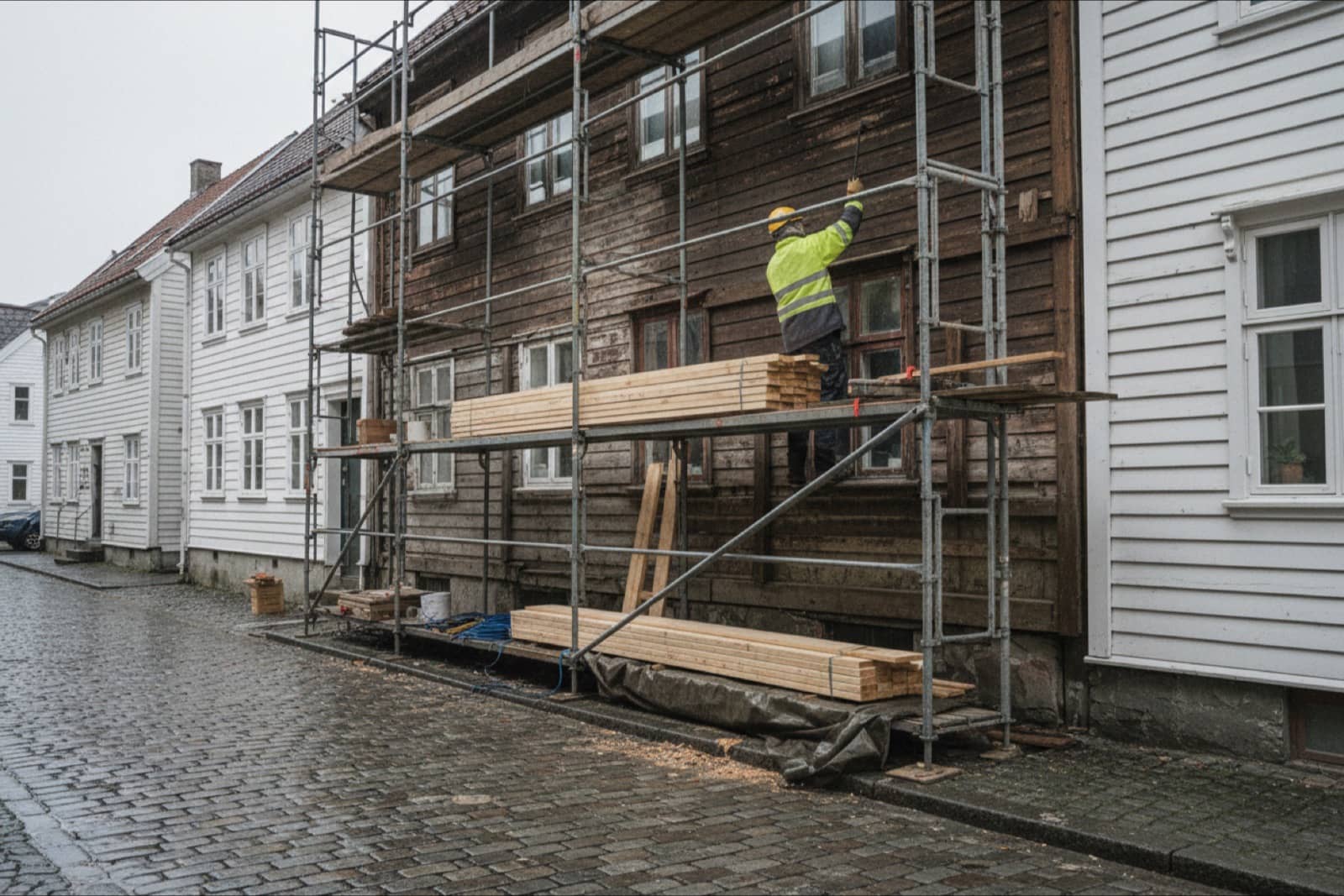 Remont starego drewnianego domu w Bergen z rusztowaniem na fasadzie