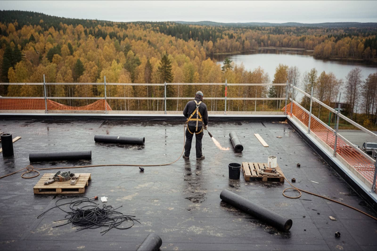 Roofer welding a membrane on the flat roof of a new school in Norway