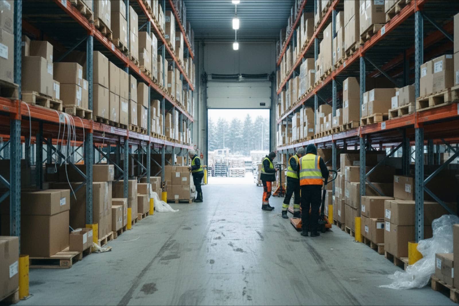 Large logistics warehouse in Norway with racking aisles and workers